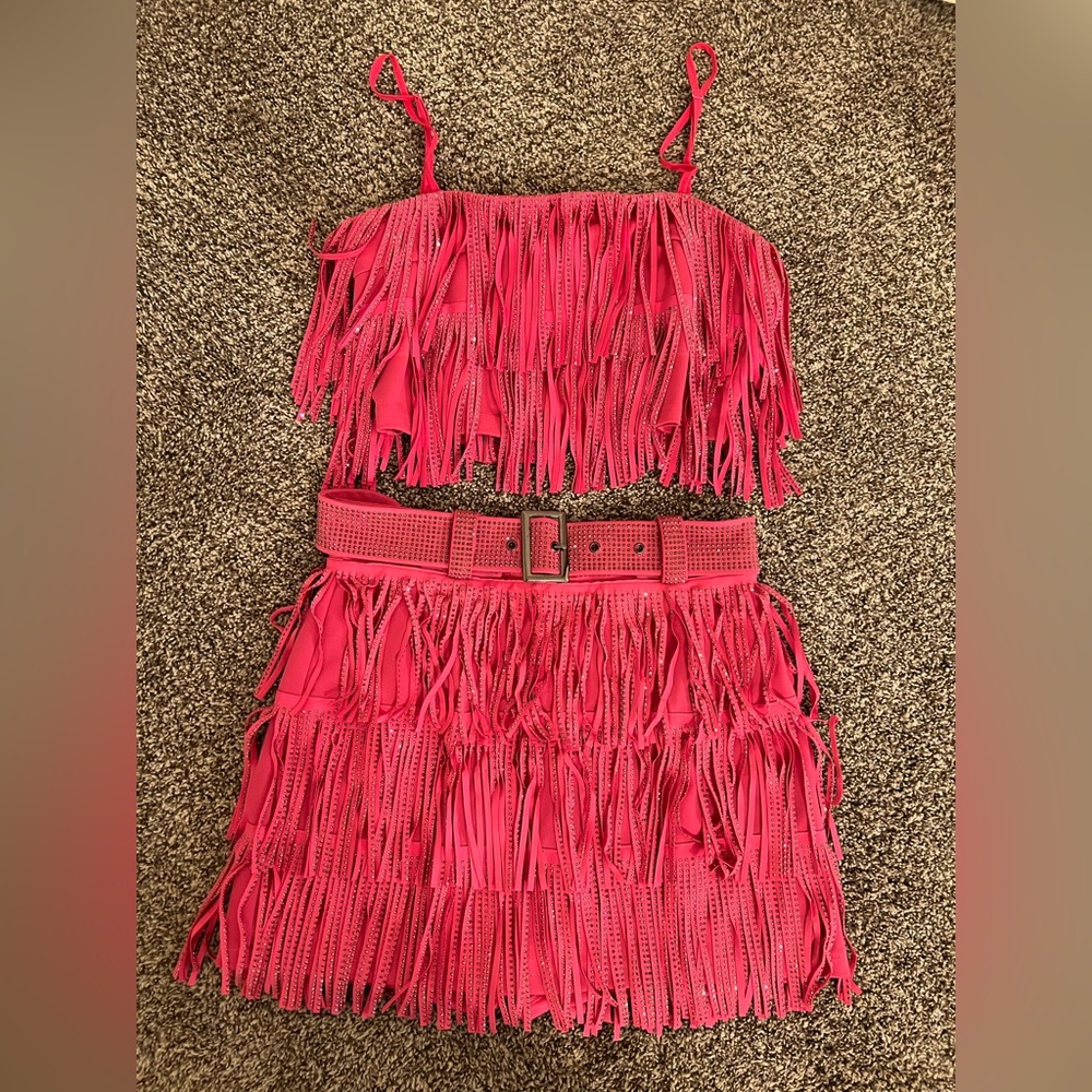 NYLON Apparel pink fringe skirt and top set NWT